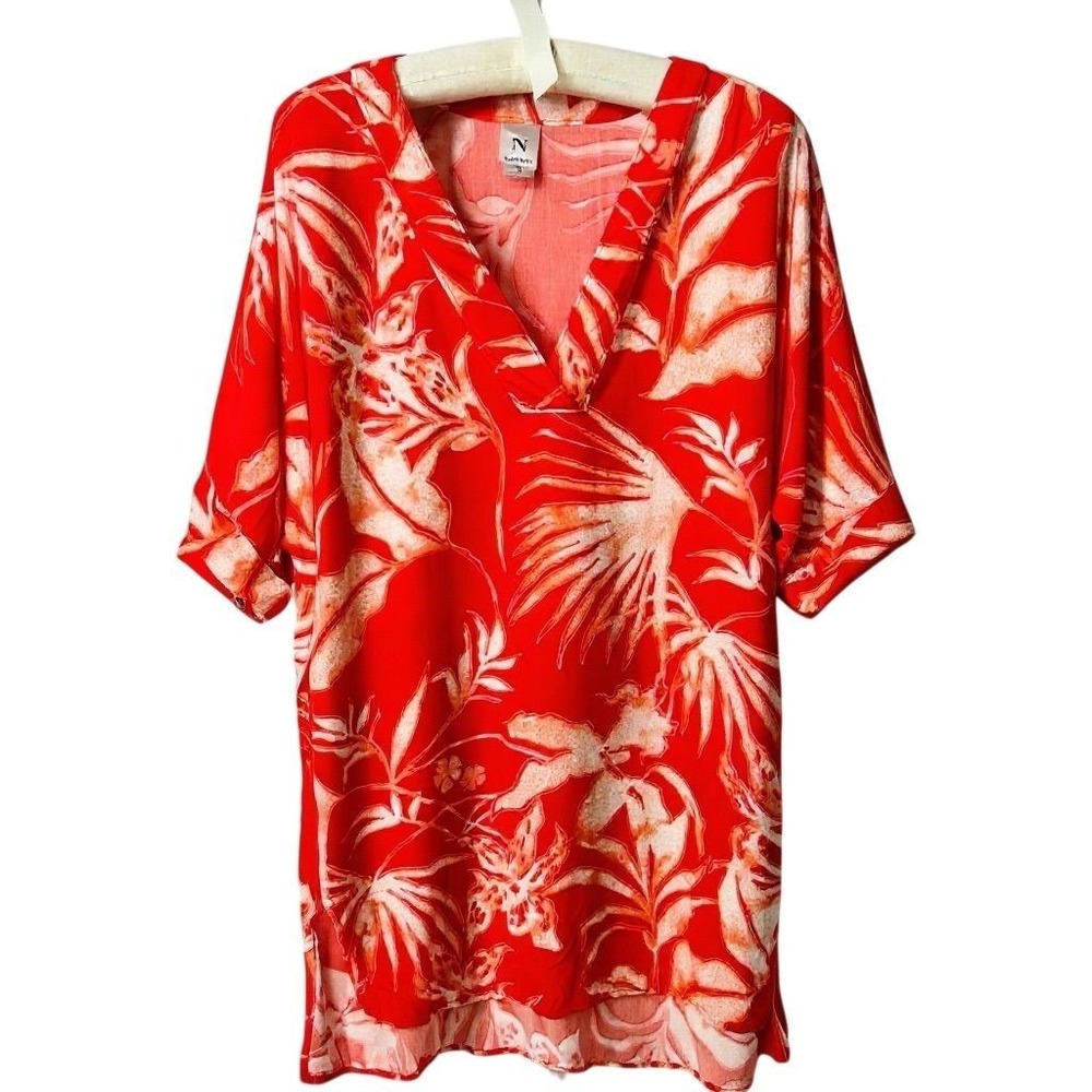 Natori Women's MEDIUM Orange‎ Floral V-Neck Blouse Short Sleeve Top - CJ